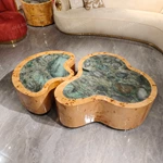Organic Nesting Coffee Table Set with Natural Burl Veneer and Green Marble Tops